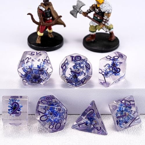 D&D Flower Resin Dice Set, Polyhedral DND D and D Dice Inclusion Dice for Dungeons and Dragons MTG RPG for Ages 15 and Up-Purple - color: Flower-purple