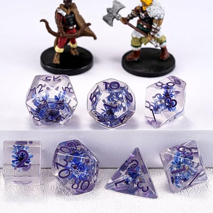 D&D Flower Resin Dice Set, Polyhedral DND D and D Dice Inclusion Dice for Dungeons and Dragons MTG RPG for Ages 15 and Up-Purple - color: Flower-purple