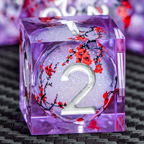 ARUOHHA DND Resin Dice Plum Blossom Liquid Core Silver Purple Sharp Edged Polyhedral Dragons Dice Set with Gift Box, Dungeons D and D Dice Compatible with D&D Role Playing Game D20 D12 D8 D6 D4 - color: Flower&purple White-1