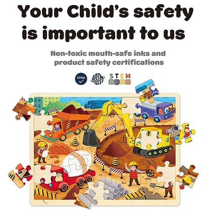 48 Piece Puzzles for Kids Ages 4-8, Each Piece is Unique, Construction Site Wooden Jigsaw Puzzle for 3 4 5 Year Old Toddlers Boys and Girls with Puzzle Tray - style: 48 Piece