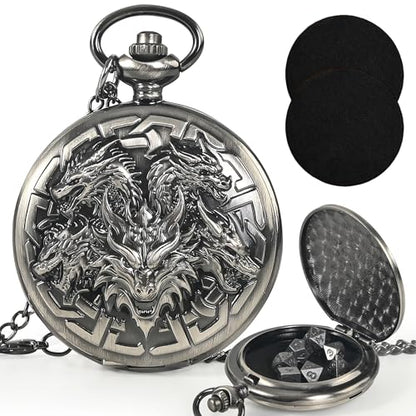Kabinka DND Dice Set, 7pcs Mini Metal Dice with Pocket Watch Shell, Portable D&D with Necklace, Dungeons and Dragons Dice for RPG(Five-Headed Dragon, Ancient Silver) - color: Ancient Silver, style: Five-Headed Dragon