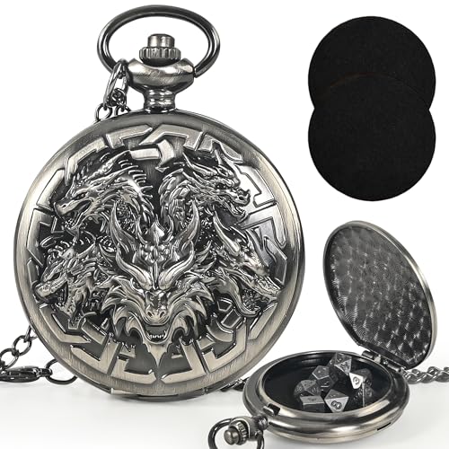 Kabinka DND Dice Set, 7pcs Mini Metal Dice with Pocket Watch Shell, Portable D&D with Necklace, Dungeons and Dragons Dice for RPG(Five-Headed Dragon, Ancient Silver) - color: Ancient Silver, style: Five-Headed Dragon