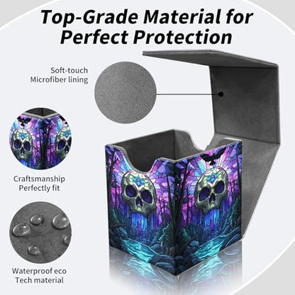 BVDIKMI Purple Skull Card Deck Box for MTG, Magic Commander TCG CCG, Holds 100+ Single Sleeved Cards, PU Leather, Magnetic Flip Top - color: Purple Skull