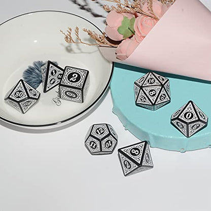 D&D Dice - 7pc Mixed Black & White Polyhedral Dice for RPG & MTG