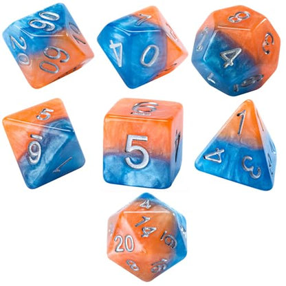 Gate Keeper Games and Dice: Halfsies Dice: Fire & Dice - 7pc Set, Flame Orange & Frost Blue, Pearlescent Swirl, 7 Resin Dice for Role Playing Games - style: Fire & Dice