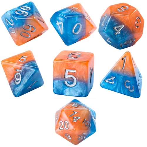 Gate Keeper Games and Dice: Halfsies Dice: Fire & Dice - 7pc Set, Flame Orange & Frost Blue, Pearlescent Swirl, 7 Resin Dice for Role Playing Games - style: Fire & Dice