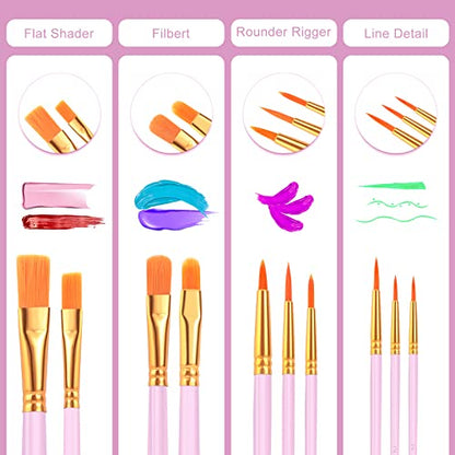 ESRICH Acrylic Paint Brushes Set, 8Packs 80 Pcs, Nylon Hair Brushes | Nylon Brush Head for Oil Painting, Gouache, Face,Ceramics etc, Kid's and Adults Painting Arts and Crafts Paint Set - color: Pink, size: 80