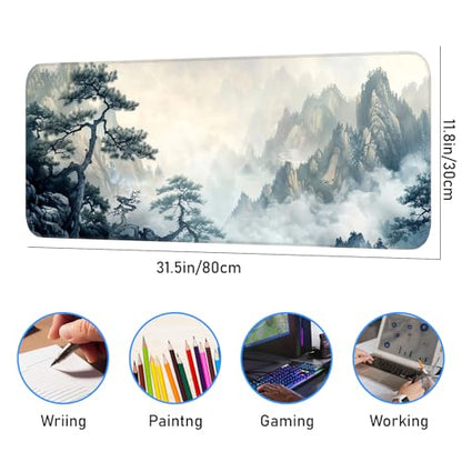 Gaming Mouse Pad, Non-Slip Rubber Base, Enlarged Mouse Pad with Stitching for Gaming, Office and Home, 31.5x11.8 Inch, Mountain Ink Painting - color: Mountain ink painting