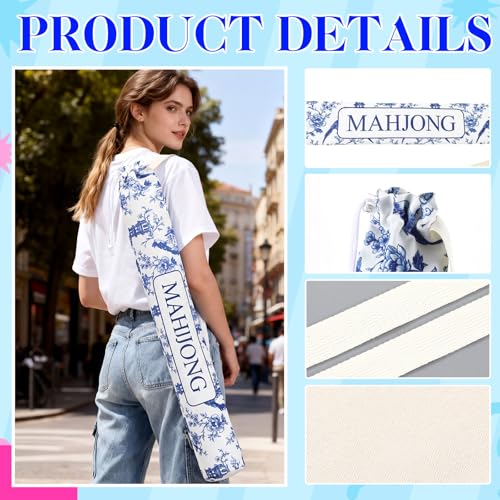 34 Inch Long Mahjong Mat Bag Cute Double Strapped Canvas Drawstring Mahjong Holder Lightweight Outdoor Carrying Bag for Board Games Travel Storage-Mat Not Include (White,Chinoiserie,1 Pc) - color: White, style: Chinoiserie