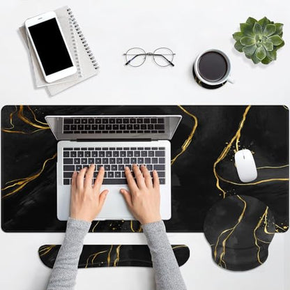 Britimes Black Gold Marble Keyboard Mouse Pad Set 4in1 Large Mousepad+Keyboard Wrist Rest+Mouse Wrist Rest+Coaster Ergonomic Design for Home Office Computer 35.4x15.7 inches - color: Black Gold Marble