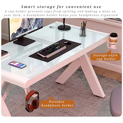 Tempered Glass Computer Desk, Modern Home Office Desk Personal Workstation with X-Shaped Metal Frame, Student Writing Desk Gaming Desk with Cable Management(140cm/55, Black D) - color: Black D, size: 140cm/55"