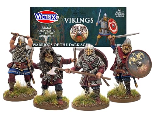 Wargames Delivered - Victrix 28mm Viking Miniatures Set with Bonus Miniature STL Download - 60 Hard Plastic Figures for Wargaming, Armored & Unarmored Warriors, Command, Shields, Weapons & Accessories