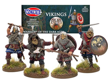 Wargames Delivered - Victrix 28mm Viking Miniatures Set with Bonus Miniature STL Download - 60 Hard Plastic Figures for Wargaming, Armored & Unarmored Warriors, Command, Shields, Weapons & Accessories