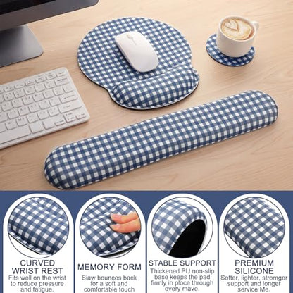 Tellegloww Wrist Rest Support for Mouse Pad&Keyboard Set, Navy Blue Gingham Checkered Circle Curved Ergonomic Mousepad&Coaster Non-Slip Base Design for Office Home Laptop Desktop Computer Keyboard - color: Navy Blue