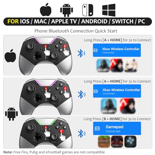 Bluetooth Controller for Switch/PC/iPhone/Android/Apple Arcade MFi Games/TV/Steam, Hall Effect Joysticks Wireless Game Controller Gamepad with/Phone Clip/Lock Speed/Macro/6-Axis Gyro/Dual Motors/Turbo - color: Black