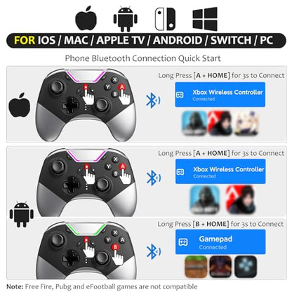 Bluetooth Controller for Switch/PC/iPhone/Android/Apple Arcade MFi Games/TV/Steam, Hall Effect Joysticks Wireless Game Controller Gamepad with/Phone Clip/Lock Speed/Macro/6-Axis Gyro/Dual Motors/Turbo - color: Black