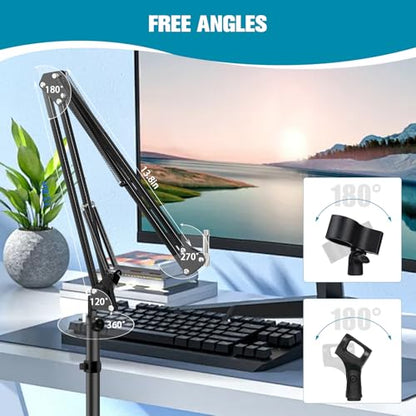 Mic Stand Floor Boom Arm for Studio, Podcast, Recording, Streaming | Included Tray & Microphone Holder, Space-saving 5.5 lbs Base, Adjutable Height 30"–70", Compatible with Yeti, SM58, QuadCast