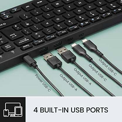 Perixx PERIBOARD-215B US, Wired Keyboard - Ultra Slim Scissor Keys - 2 Built-in USB-A & USB-C Ports - Detachable Cable - Black - US English - style: Wired with 4 Hubs