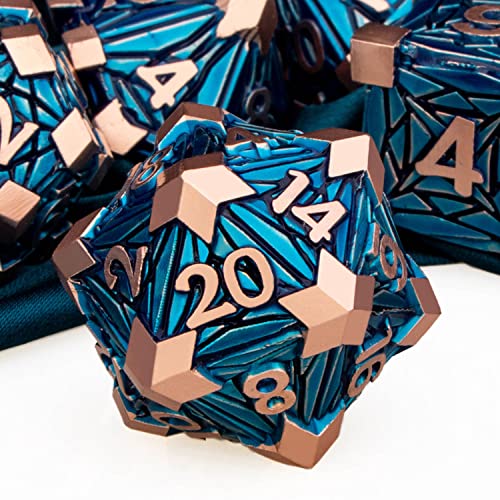 ARUOHHA DND Metal Dice Set Crystal Shards Dice with Gift Box, 7PCS Copper Blue Polyhedral Dice RPG Role Playing Game Handmade 6 Sided D and D Dice Set D20 D12 D10 D8 D6 D4 - color: Red Copper Blue