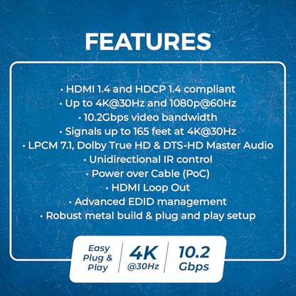 OREI 4K 1x4 HDMI Extender Splitter Over CAT6/7 Ethernet Cable Up to 4K@30Hz upto 165 ft-1080P@60Hz upto 230 ft, IR control, EDID, HDMI Loop Out (HD14-EX165-K) | HDMI Cat6 Converter, HDMI Over Cat5 – 10.2Gbps, HDR10, Dolby Vision, HLG, LPCM 7.1, Dolby True