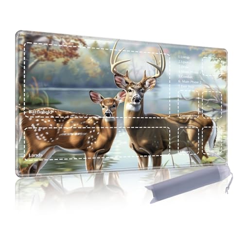 Premium CCG Playmat with 6 Gaming Zones | 28x16 Non-Slip Rubber Surface MTG Mat | Black Play Card Storage Pouch for TCG Playmat | Autumn River with Deer - color: Autumn River With Deer, size: 15.7*27.6 in