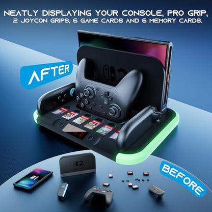 HEYSTOP Pro Controller Charger for Nintendo Switch 2, Fast-Magnetic Docking | Joycon Charging Station, RGB Light, Cooling Fan Heat Dissipation Stand, 6 Game Card Slots, Storage Console Holder