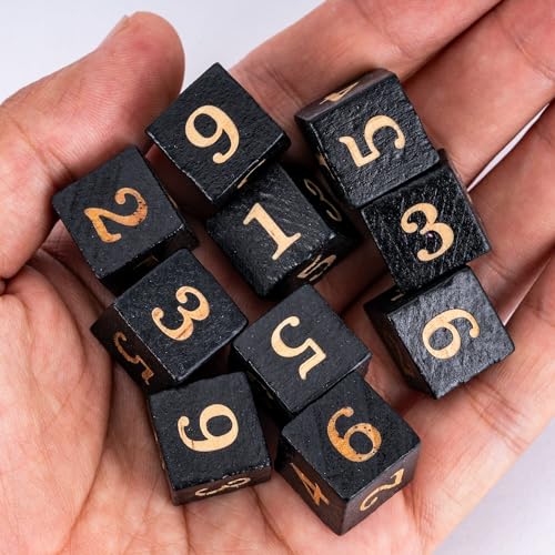 16mm D6 Dice Set 10PCS Wooden 6 Sided Dice for D&D RPG Board Games | Leather Storage Bag, DM Gift, for Dungeons and Dragons Role Playing Games - color: D6-black N