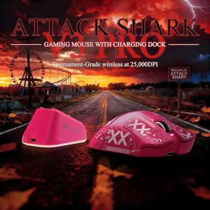 MAMBASNAKE Attack Shark V3 PRO 62g Superlight Wireless Gaming Mouse,RGB Charging Dock,BK52820 Tri-Mode BT/2.4G Wireless/Wired Mouse with Grip Tape,25000DPI,5 Programmable Buttons for Pc/Mac,Red PRO - color: Berry Red&Stickers