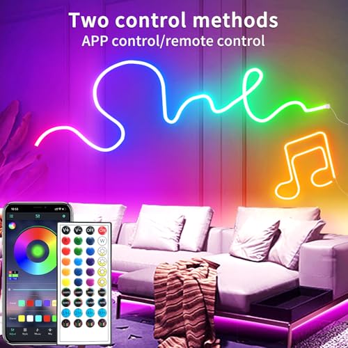 65.6FT LED Neon Rope Lights,24V RGB LED Neon Lights with Remote/APP Control,IP65 Waterproof Flexible Neon LED Strip Lights for Bedroom Room DIY Decoration（with Snap &Screws） | IP65 Waterproof Flexible RGB LED Neon Rope Lights for Bedroom Room DIY Decorati