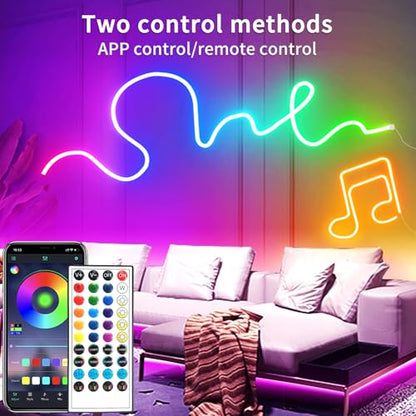 65.6FT LED Neon Rope Lights,24V RGB LED Neon Lights with Remote/APP Control,IP65 Waterproof Flexible Neon LED Strip Lights for Bedroom Room DIY Decoration（with Snap &Screws） | IP65 Waterproof Flexible RGB LED Neon Rope Lights for Bedroom Room DIY Decorati