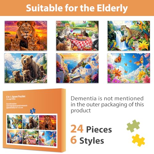 6 Packs 24 Piece Puzzle for Seniors, Alzheimer's & Dementia Activities, Easy Puzzle Alzheimer's Game, 6 Storage Bags - style: 24A Large Pieces