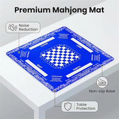 Mahjong Mat with Rules,Neoprene Noise Dampening Mat | Includes 3 Dice & Carry Bag with Rules & Instructions (Blue)