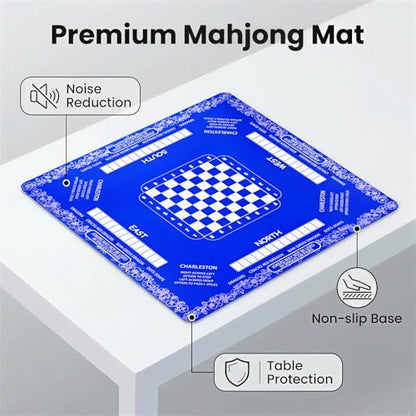 Mahjong Mat with Rules,Neoprene Noise Dampening Mat | Includes 3 Dice & Carry Bag with Rules & Instructions (Blue)