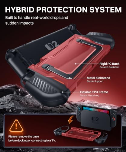 GolbinBox Hard Shell Case for Nintendo Switch 2 with Kickstand, Red | Magnetic split design, aluminum stand, military grade protection, detachable Joy-Con covers, for travel and commuting - color: Red