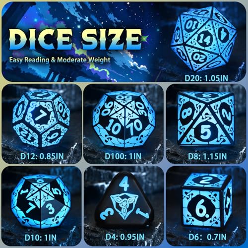LED DND Dice Set, Light up Dice Rechargeable for RPG DM Gifts, Blue | ZHOORQI D and D Polyhedral Dice with Charging Box, Glow in The Dark Dice Easy Reading for Dungeons and Dragons TTRPG - color: Blue-shackles