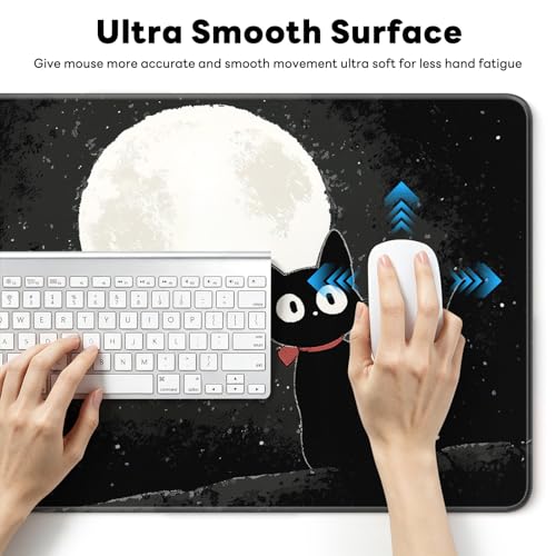 Large Gaming Mouse Pad, XL Desk Protector, Non-Slip Base | 31.5x15.7 in Extended Desk Mat with Stitched Edges for Keyboard, Work, Game, Office, Home PC and Laptop - color: Moon Cat