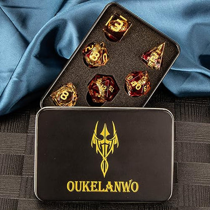 OUKELANWO Magic Lord Rings DND Dice Set with Box, 7Pcs Resin LOTR D&D Dice Set for Role Playing Game, Red Gold Dungeons Dragons D and D Sharp Edge Dice D20 D12 D10 D8 D6 D4 - color: Red
