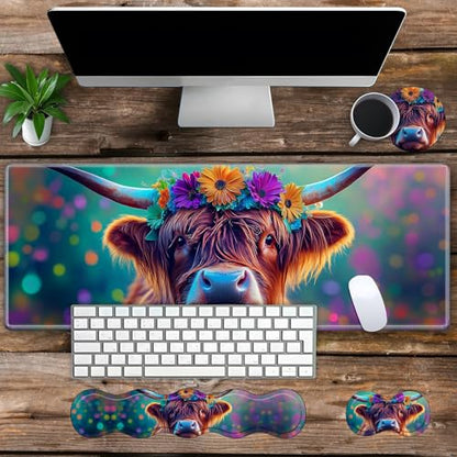 Large Gaming Mouse Pad Set with Wrist Support – 31.5" x 11.8" 4-in-1 XXL Mousepad with Keyboard Wrist Rest, Mouse Wrist Rest & Coaster – Ergonomic Desk Mat for Office, Home – Highland Cow Flower - color: Highland Cow Flower