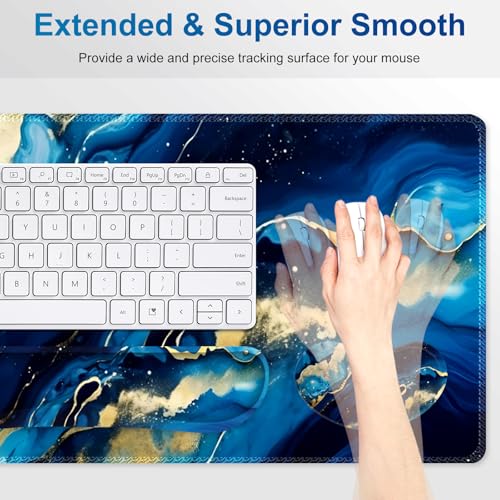 Desk Mat Pad, Gaming Mouse Pad Wrist Support Set, 4 in1 Non-Slip XXL Large Mousepad + Ergonomic Keyboard Wrist Rest+Mouse Wrist Rest+Coaster for Home Office Computer I Blue Gold Marble - color: Blue Gold Marble