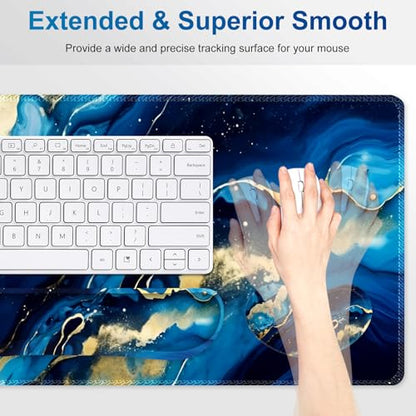 Desk Mat Pad, Gaming Mouse Pad Wrist Support Set, 4 in1 Non-Slip XXL Large Mousepad + Ergonomic Keyboard Wrist Rest+Mouse Wrist Rest+Coaster for Home Office Computer I Blue Gold Marble - color: Blue Gold Marble