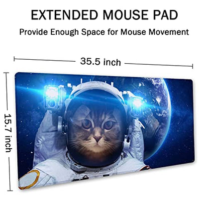 SSOIU Large Mouse Pad, Full Desk XXL Extended Gaming Mouse Pad 35.5" X 15.7", Waterproof Desk Mat Stitched Edges, Non-Slip Laptop Computer Keyboard Mousepad for Office and Home - Galaxy Astronaut Cat - color: Galaxy Astronaut Cat