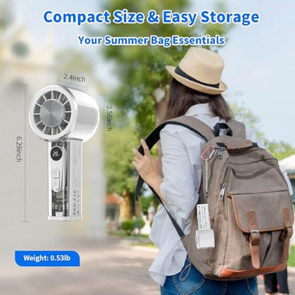 Portable Handheld Fan with Ice Cooler, 5000mAh Battery, 6 Speeds, LED Digital Display, Turbo High Speed Personal Fan, Transparent Design for Travel, Summer, Outdoor, Concerts, White - color: White