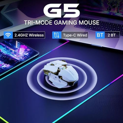EWEADN G5 Tri-Mode Wireless Gaming Mouse, 12800 DPI Programmable Ergonomic Mouse with Metal Base for Stability, 500mAh Rechargeable, 8 Macro Buttons, Rapid Fire Key, RGB Backlit for FPS PC Mac- White - color: White