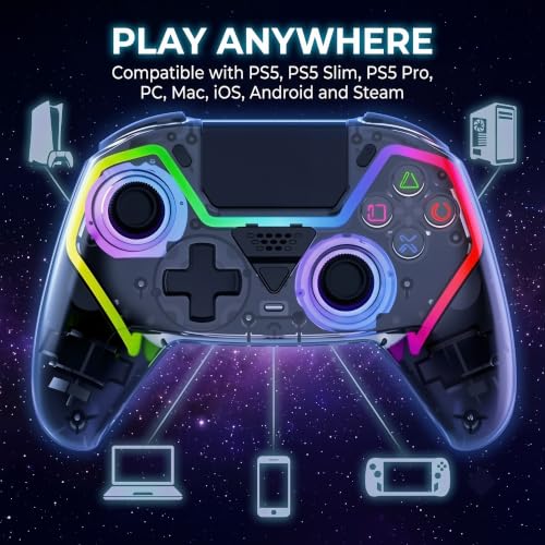 Fyvra Wireless Controller compatible with PS5, PS5 Slim, PS5 Pro, PC, iOS, Mac, Android and Steam with Hall Effect Joysticks and Triggers, 6-Axis Gyro, RGB Lighting, Programmable Back Buttons, Bluetooth 5.3