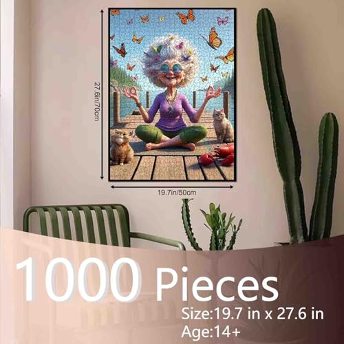 Funny Grandma Meditation Yoga Jigsaw Puzzle for Adults Students 1000 Pieces Butterfly Cat Lobster Relaxing Lake Scenery Whimsical Animals 20×27 Inches Large Puzzle Brain Challenge Gift for Women Men - color: Puzzle-old Woman-02