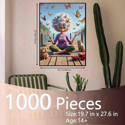 Funny Grandma Meditation Yoga Jigsaw Puzzle for Adults Students 1000 Pieces Butterfly Cat Lobster Relaxing Lake Scenery Whimsical Animals 20×27 Inches Large Puzzle Brain Challenge Gift for Women Men - color: Puzzle-old Woman-02