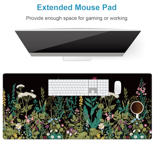 XXL Waterproof Office Desk Pad Protector 35.4x15.7 Inch - Extended Gaming Mouse Pad with Non-Slip Rubber Base, Thickened Keyboard Mat, Stitched Edges & Weeds Design - color: A-black