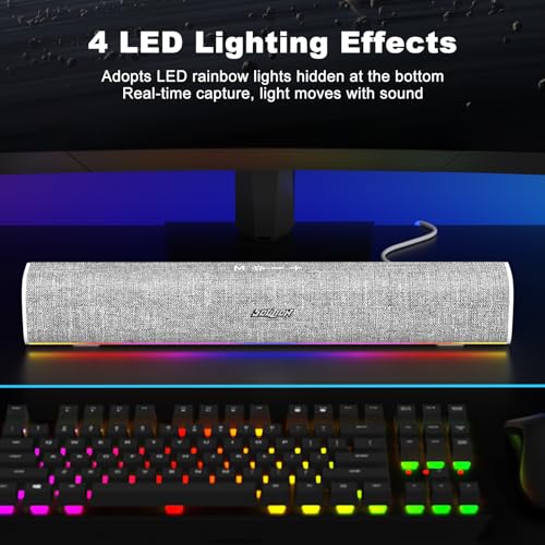 SOULION Computer Speakers for Desktop Monitor USB Plug & Play White | Dynamic LED Light, USB Plug & Play PC, Switch Button, Bluetooth 5.1, Clearly Sound, Breathable Material, Widely Application - color: White