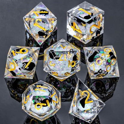 Roycevon Resin DND Dice Set with Gift Box, 7Pcs Liquid Core Cat D&D Dice, Cute Dungeons Dragons D and D Dice, Sharp Edge Role Playing Game Dice D20 D12 D10 D8 D6 D4, Rainbow Gold - color: Rainbow White - 2