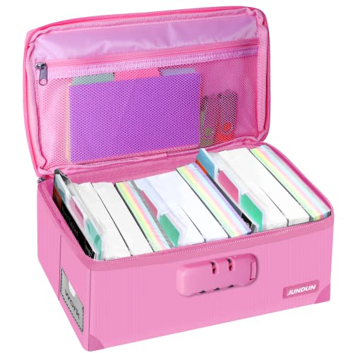 JUNDUN Index Card Holder with Lock | Collapsible Fireproof Index Card Box fits 1200 3x5-Inch Flash Cards - Business, Recipe, or Note Card Storage Boxes - Pink - color: Pink, size: 3x5" without dividers